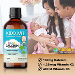 Kiddivit Baby Calcium liquid drops with 130mg of Calcium, 1.25mcg of vitamin K2 & 400IU of vitamin d3 for babies and infants under 4 years. (Espanol) Kiddivit Baby Calcium gotas líquidas con 130 mg de calcio, 1,25 mcg de vitamina K2 y 400 UI de vitamina d3 para bebés y lactantes menores de 4 años.
